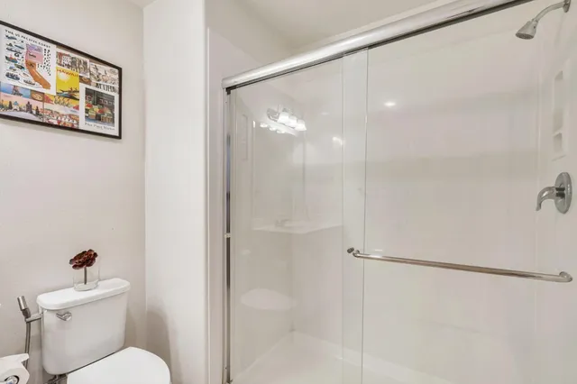 a bathroom with a shower and a toilet