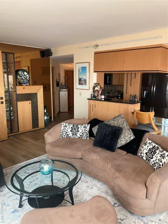 a living room with furniture potted plant and kitchen view