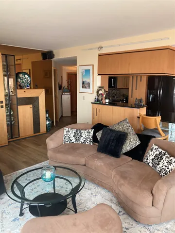 a living room with furniture potted plant and kitchen view