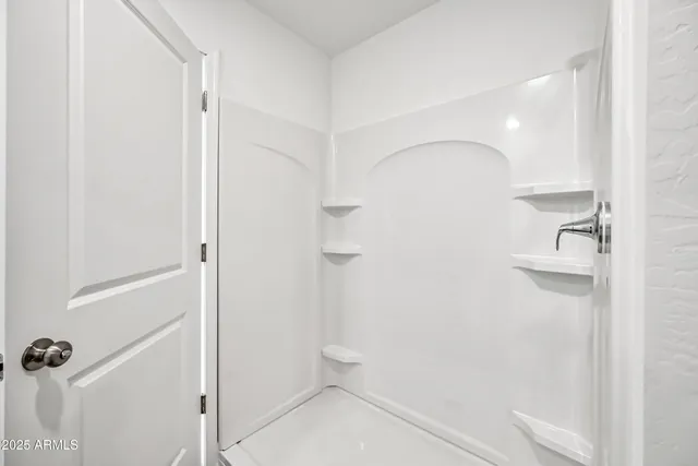 a bathroom with a shower and a toilet