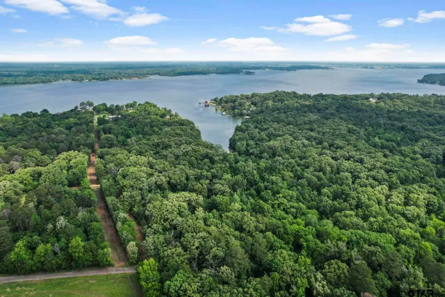 a view of a lake and green valley
