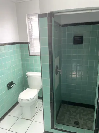 a bathroom with a toilet and a shower