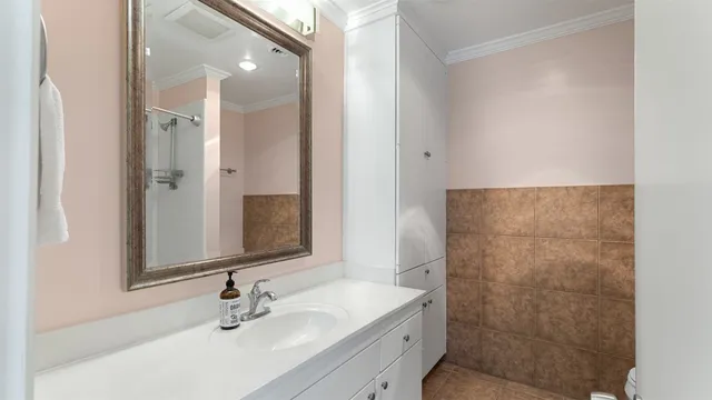 a bathroom with a sink shower and a mirror