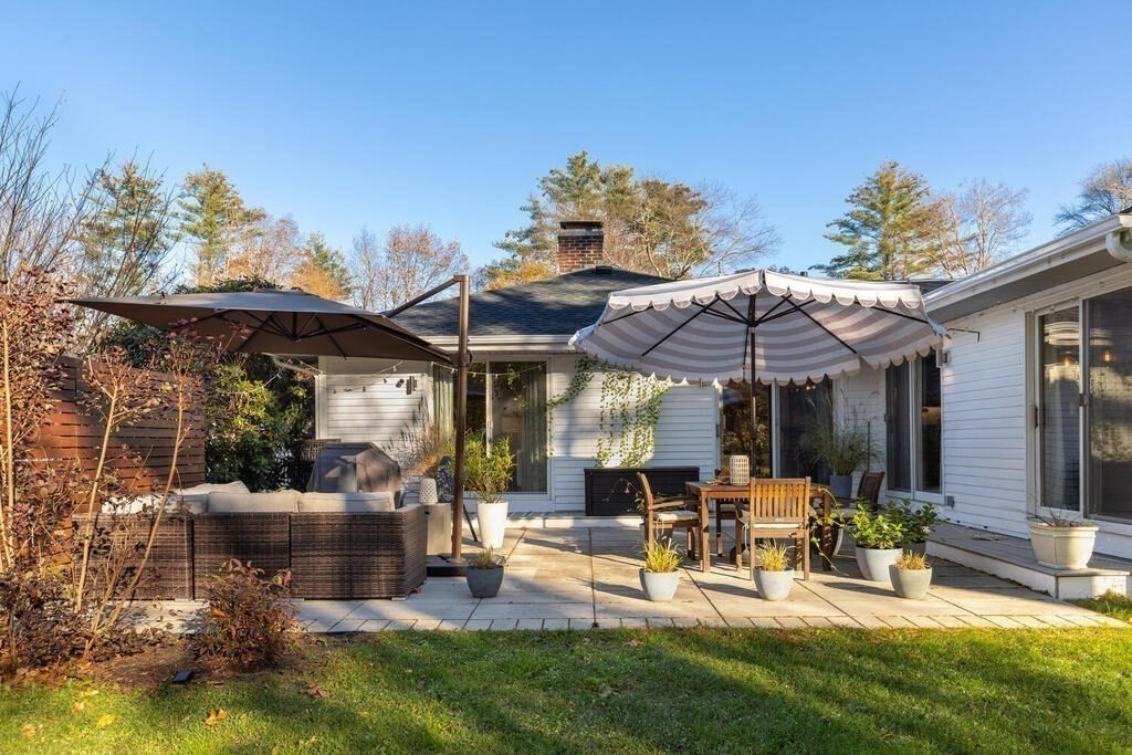 15 Forrest Road Topsfield, MA 01983 - Photo 22 of 26 a view of a patio with table and chairs under an umbrella