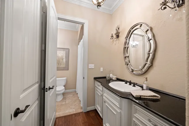 a bathroom with a granite countertop sink a toilet and a mirror