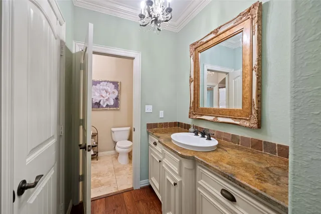 a bathroom with a granite countertop sink a toilet and a mirror