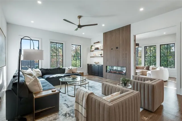 a kitchen view with a refrigerator and cabinets
