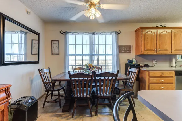 a view of a dining room with furniture and chandelier