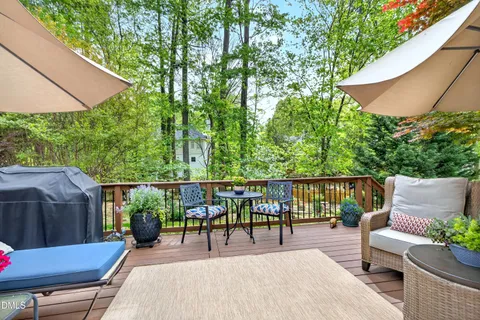 a view of a chair and table in the garden