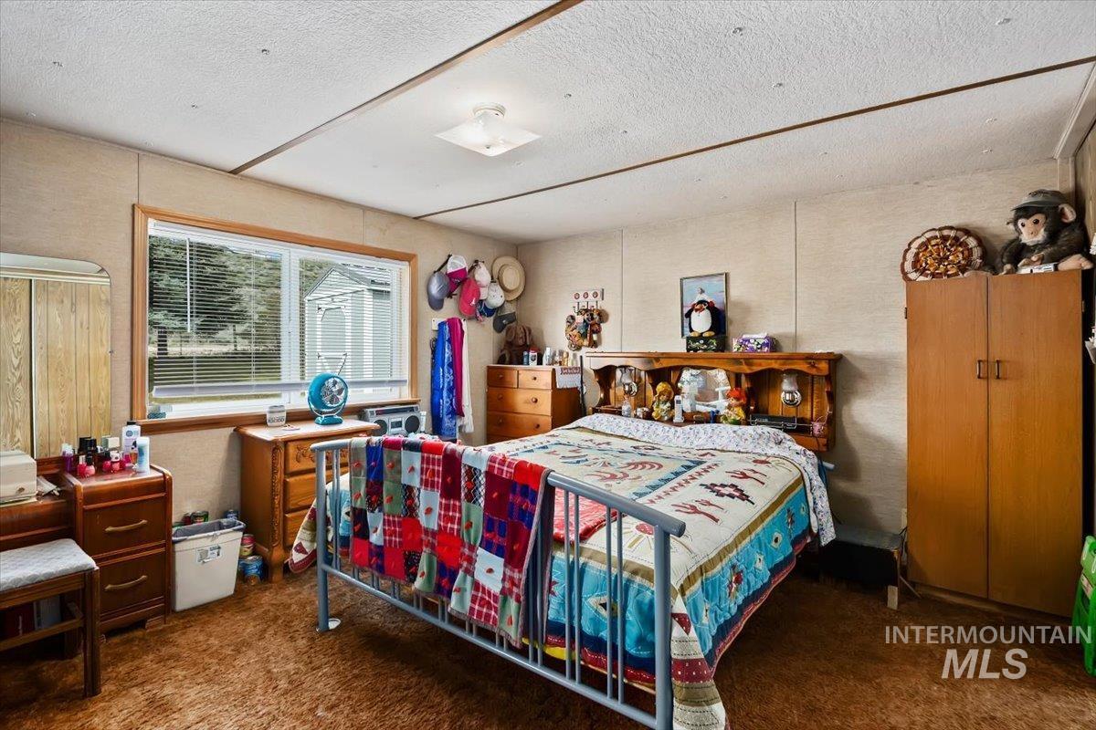 102 Willow Creek Road Fairfield, ID 83327 - Photo 14 of 32 Bedroom with dark carpet and a textured ceiling