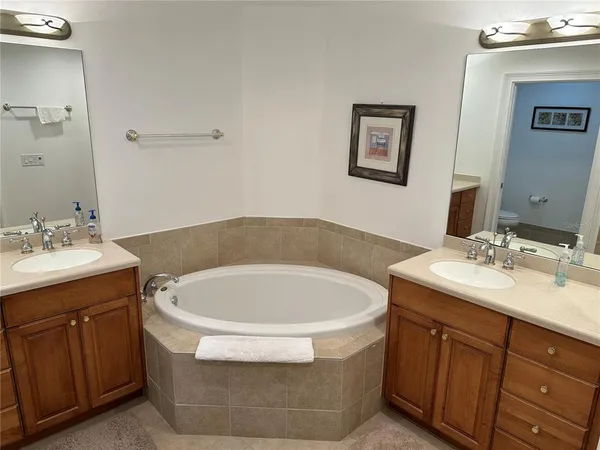a bathroom with a tub sink and mirror