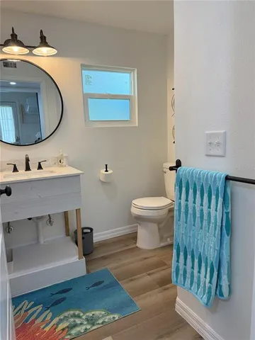 a bathroom with a sink toilet a mirror and vanity