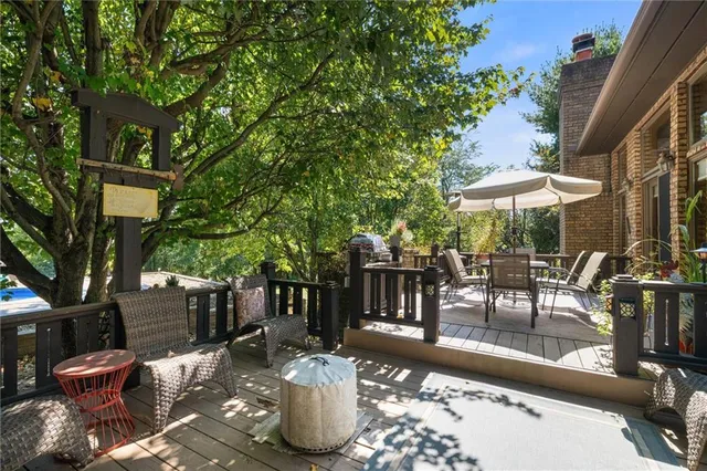 a view of a patio with table and chairs potted plants and a barbeque