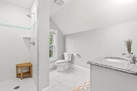 a bathroom with a granite countertop sink a toilet and a shower