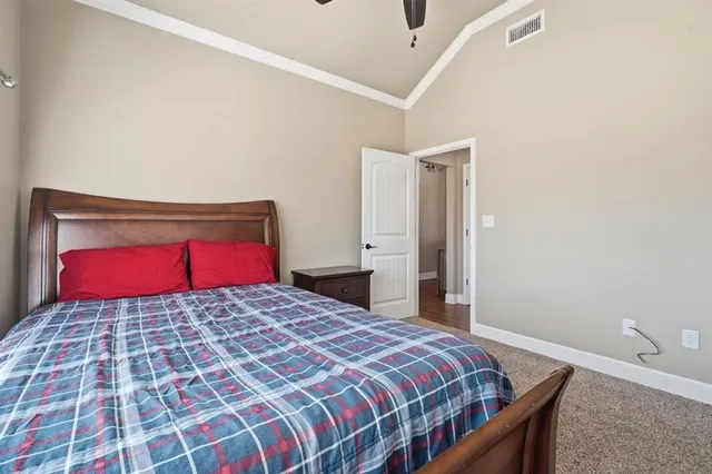 a bedroom with a large bed and a potted plant