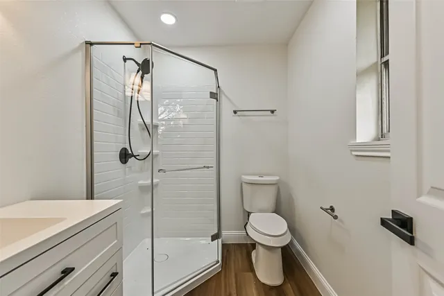 a bathroom with a granite countertop sink a toilet and a shower