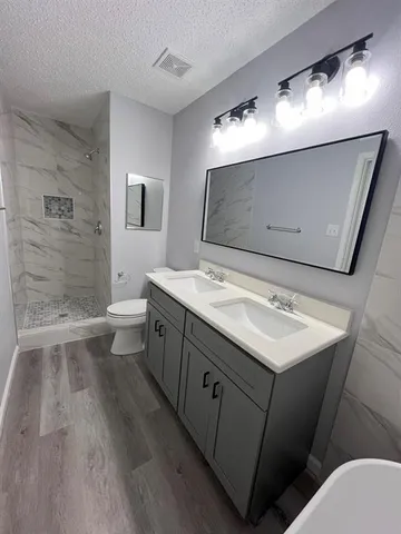 a bathroom with a sink a toilet and mirror