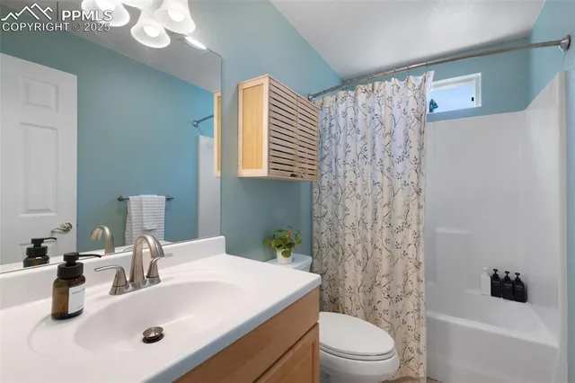 a bathroom with a sink a toilet a mirror and shower curtain
