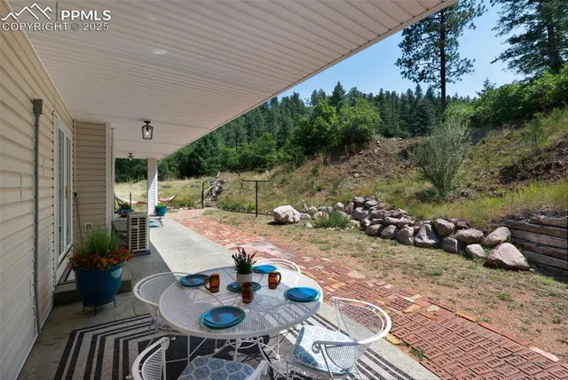 an outdoor space with furniture