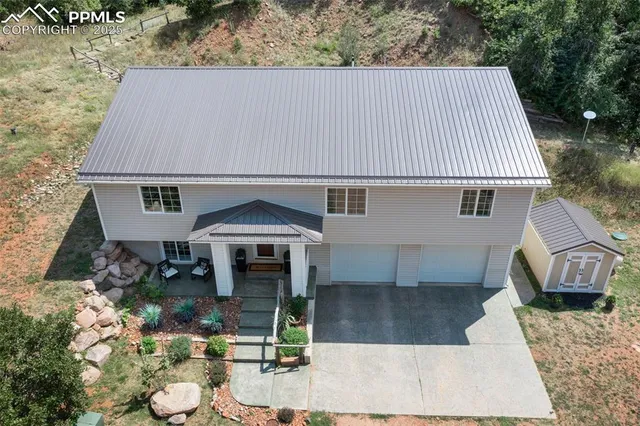 front view of a house with a patio