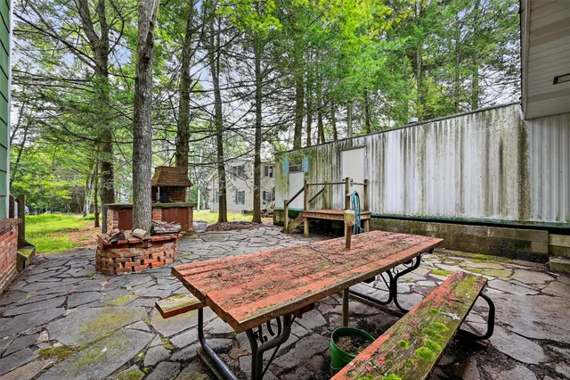 an outdoor space with furniture