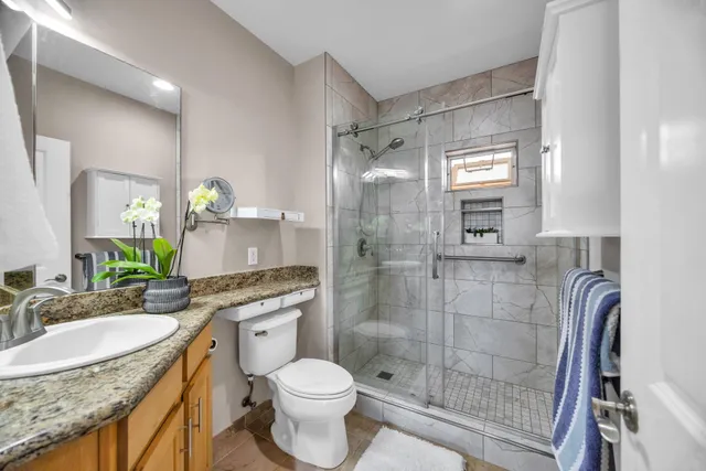 a bathroom with a shower and a toilet