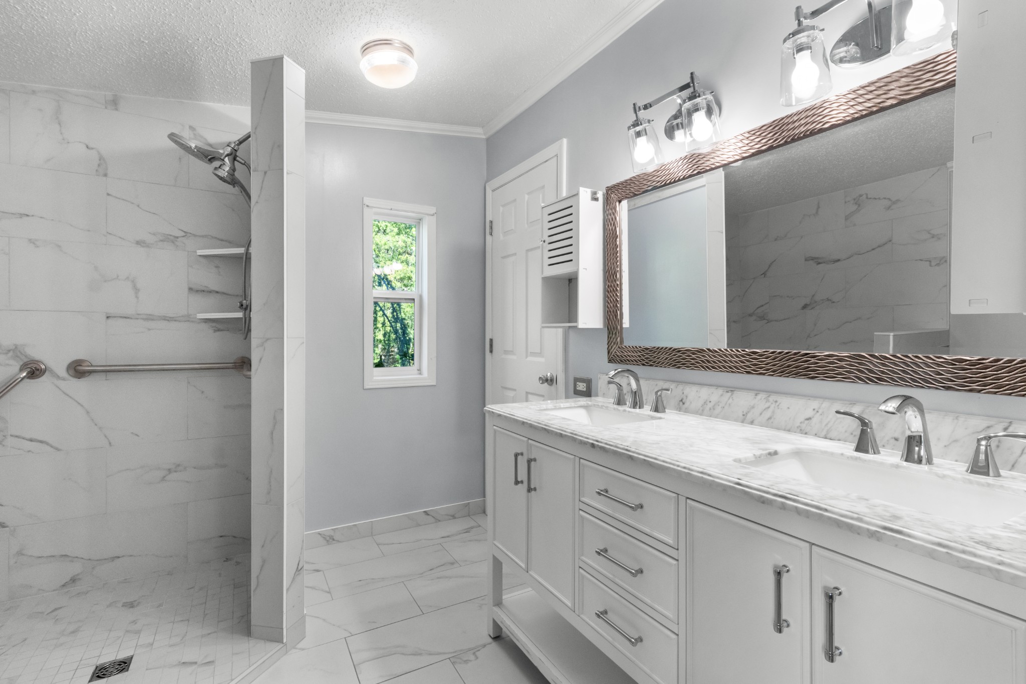 4605 Marion Road Cunningham, TN 37052 - Photo 35 of 45 a bathroom with a granite countertop sink a mirror and a shower