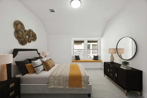 a spacious bedroom with a bed and window