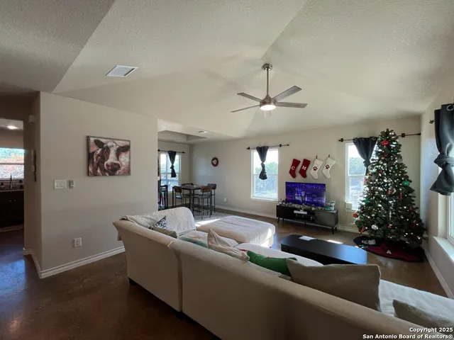 a living room with furniture and a christmas tree