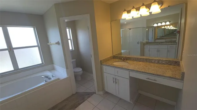 a bathroom with a granite countertop sink mirror and a bathtub
