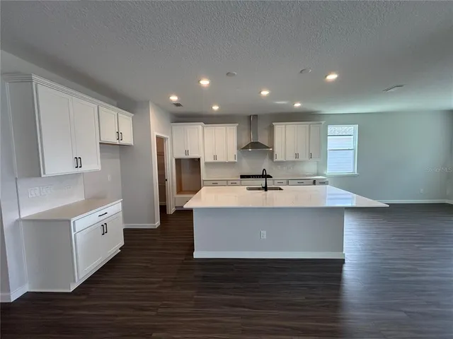 a kitchen with kitchen island a counter top space cabinets and stainless steel appliances
