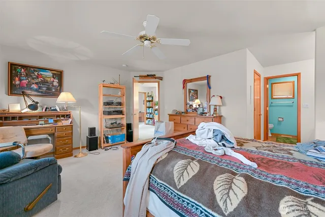 a bedroom with a bed and dresser