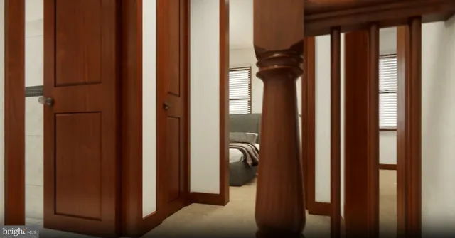 a view of a hallway with a door