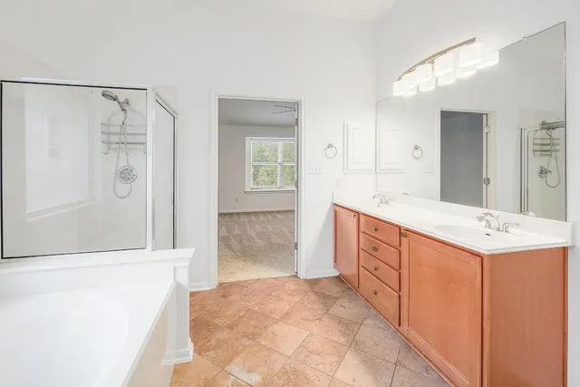 a bathroom with a tub a sink and a large mirror