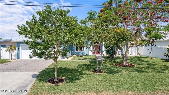 a view of a house with a tree and plants