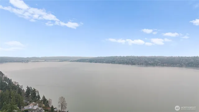 a view of a lake and mountain in the back