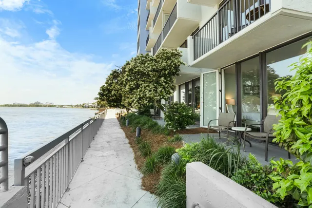 a view of a patio with plants and a lawn chairs