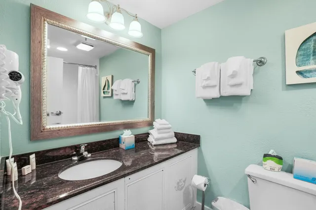a bathroom with a granite countertop sink a large mirror and a toilet