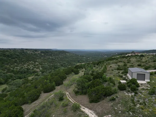 an aerial view of residential houses with outdoor space and trees