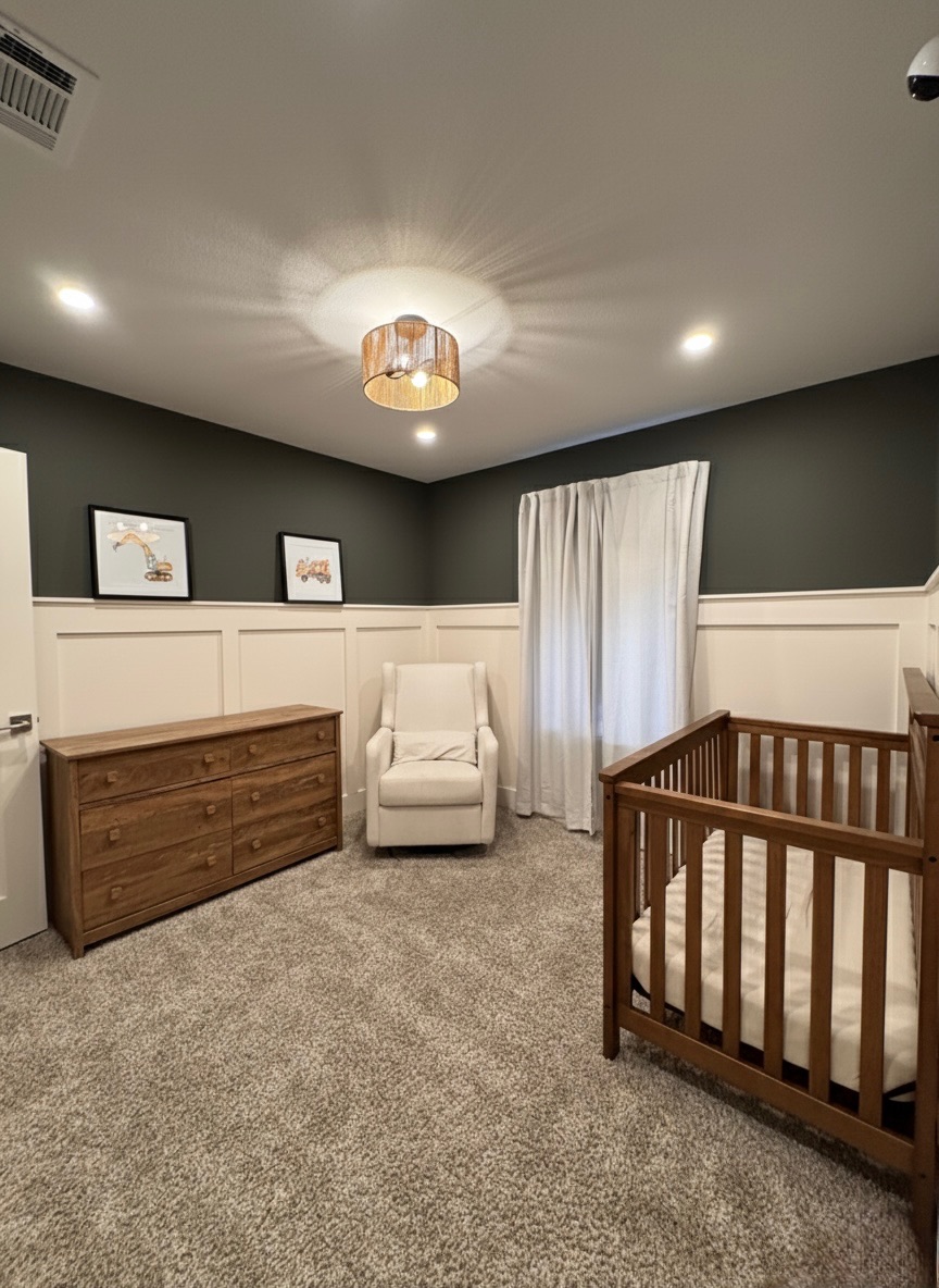 13513 Menard Way Elgin, TX 78621 - Photo 14 of 18 Bedroom with a crib, carpet floors, recessed lighting, and a wainscoted wall