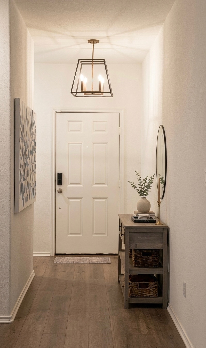 13513 Menard Way Elgin, TX 78621 - Photo 2 of 18 Doorway to outside featuring hardwood / wood-style floors and a chandelier