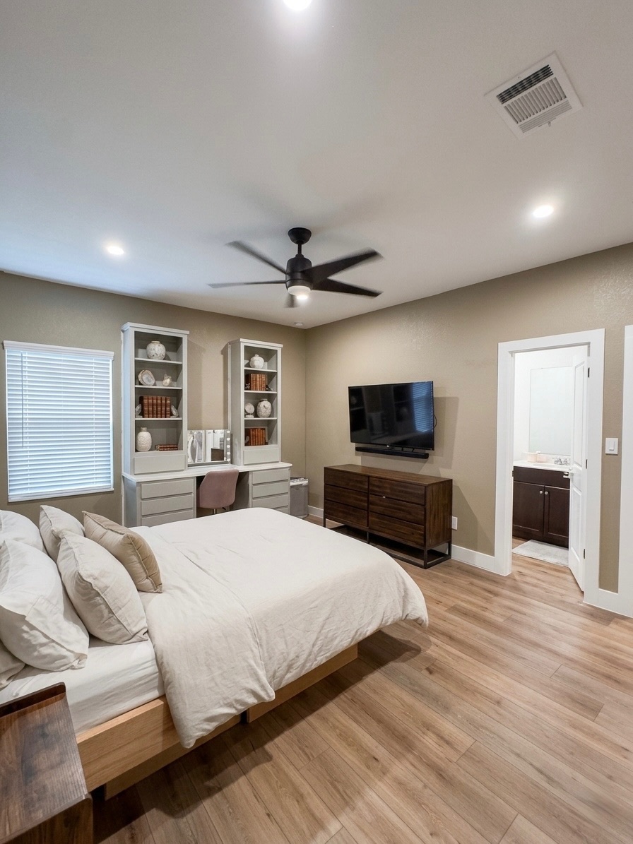13513 Menard Way Elgin, TX 78621 - Photo 5 of 18 Bedroom featuring light wood finished floors, ceiling fan, recessed lighting, and connected bathroom