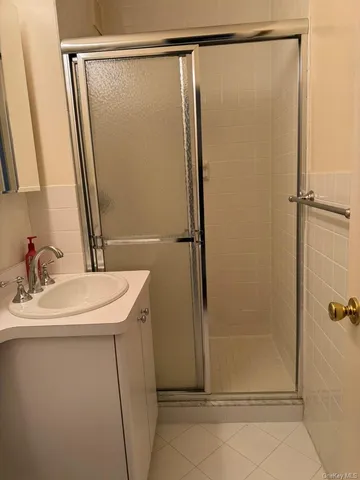 a bathroom with a shower and a sink