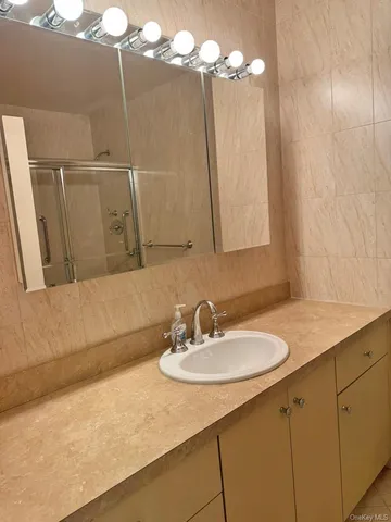 a bathroom with a sink and a mirror