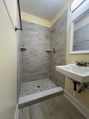 a bathroom with a sink a shower and a mirror