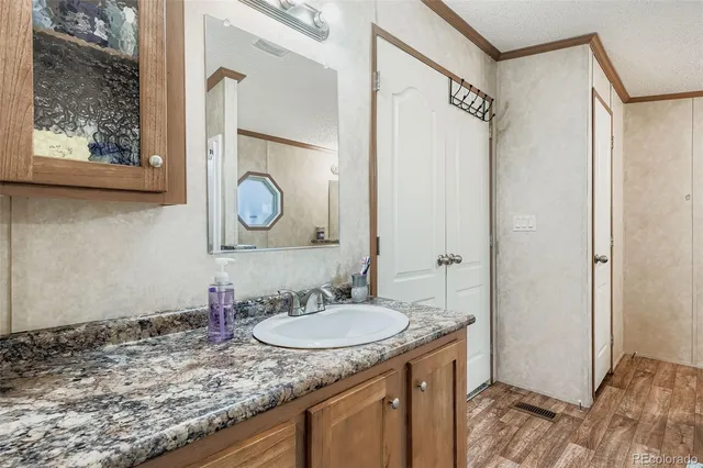 a bathroom with a granite countertop sink a mirror and a shower