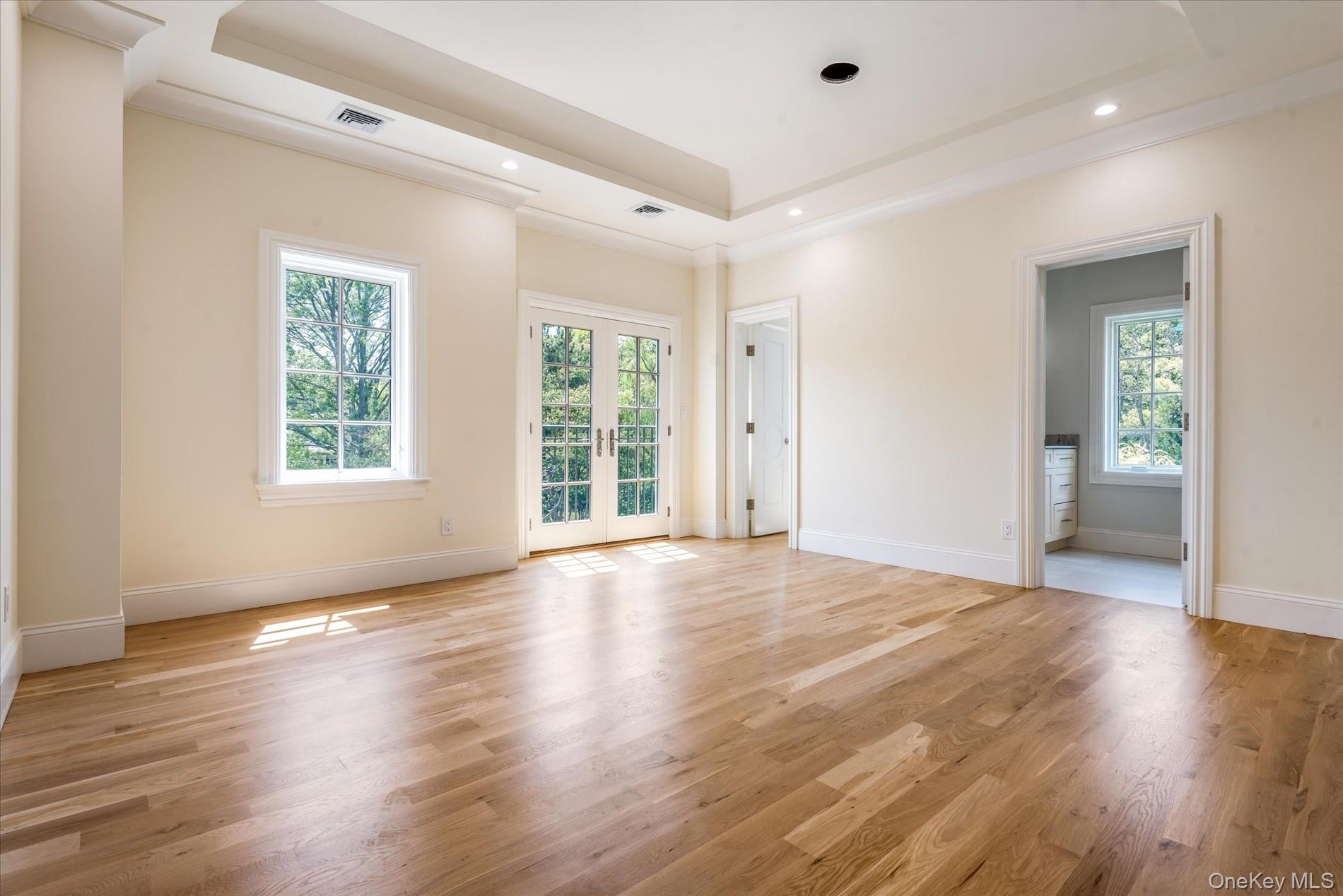566 A East Shore Road Queens, NY 11024 - Photo 24 of 42 Empty room with a tray ceiling, french doors, light wood-style flooring, recessed lighting, and ornamental molding