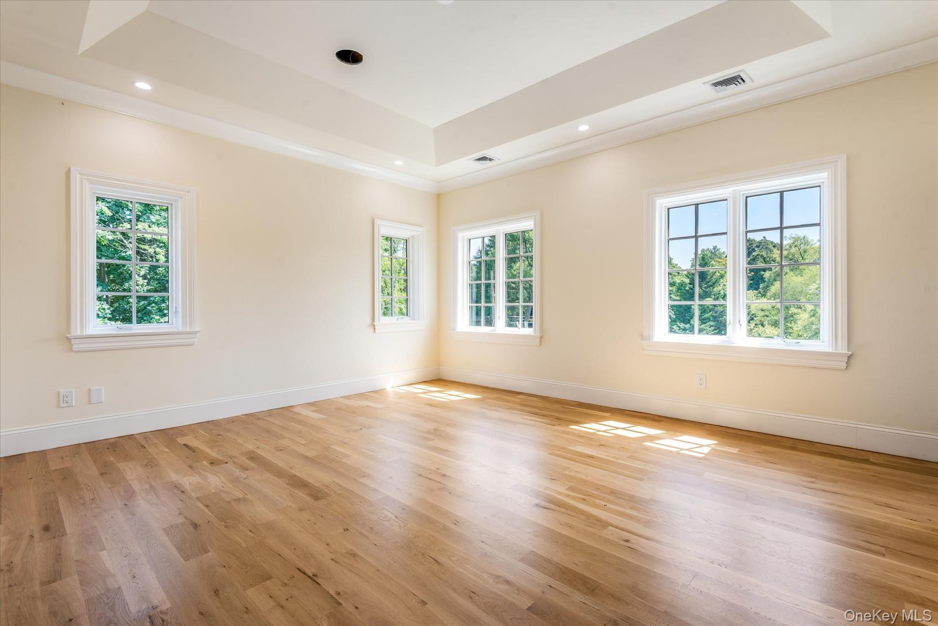 566 A East Shore Road Queens, NY 11024 - Photo 28 of 42 Empty room with a tray ceiling, healthy amount of natural light, light wood finished floors, recessed lighting, and crown molding
