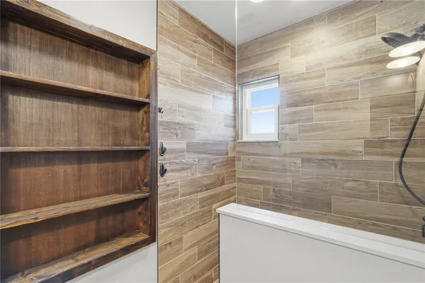 a bathroom with a bathtub