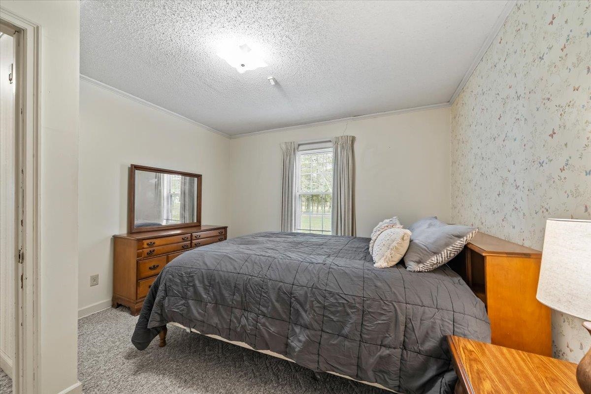 2972 Russell Bond Road Millington, TN 38053 - Photo 23 of 38 Bedroom with a textured ceiling, ornamental molding, carpet flooring, and wallpapered walls